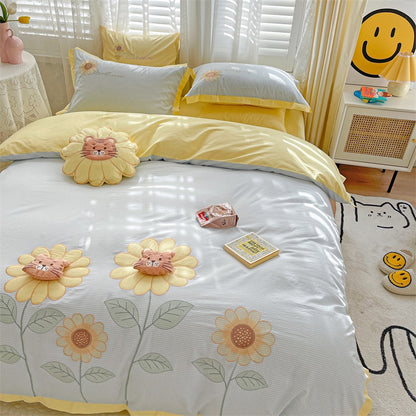 Fresh Sunflower Washed Cotton Four-Piece Cartoon Bed Set - Harmony Gallery