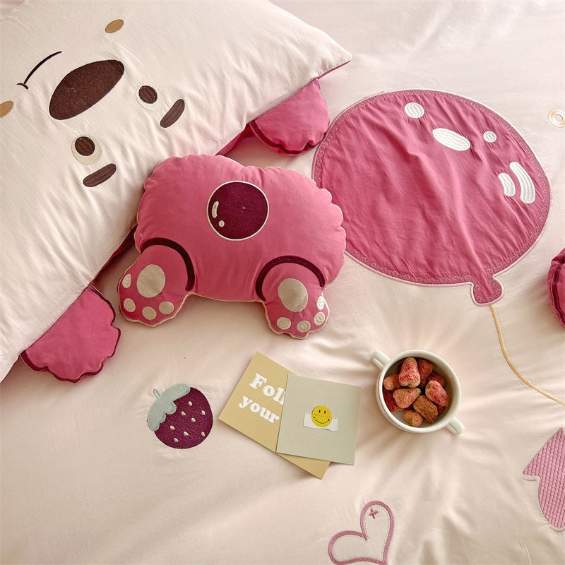 Cute Hot Air Balloon Strawberry Bear Cotton Four-Piece Bed Set - Harmony Gallery