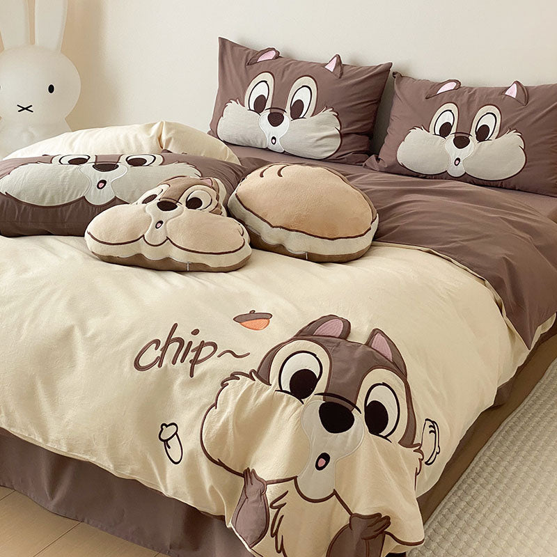 Little Girl Squirrel Cute Cartoon Washed Four-Piece Bed Set - Harmony Gallery