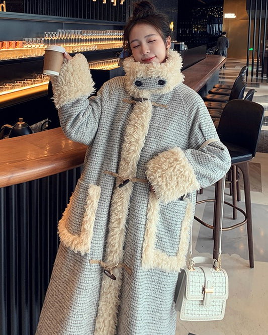 Horn Buckle Houndstooth Woolen Winter Women's Coat - Harmony Gallery