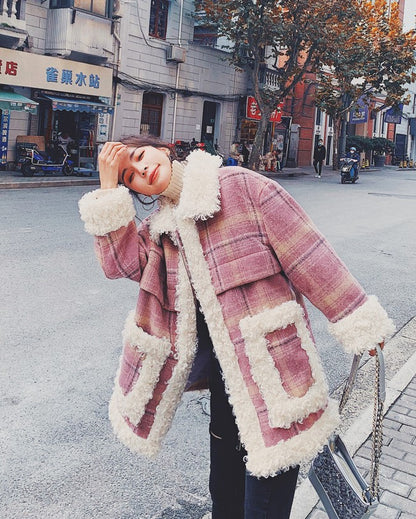 Pink Plaid Retro Lamb Wool Loose Loop Women's Coat - Harmony Gallery