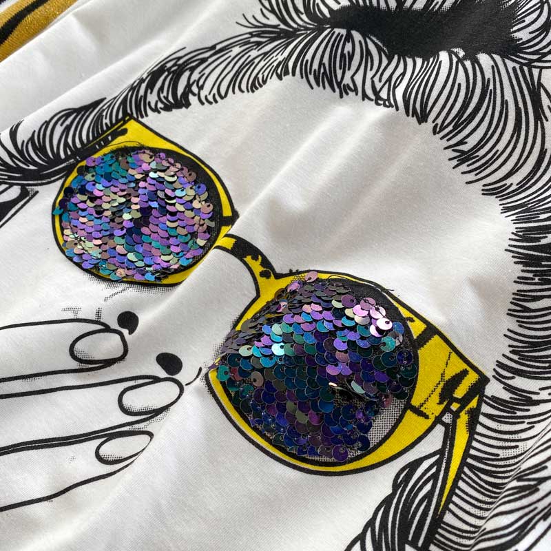 Ghost Horse Girl Character Print Sequined Glasses Summer Top - Harmony Gallery