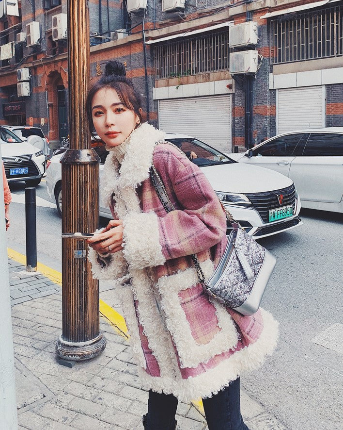 Pink Plaid Retro Lamb Wool Loose Loop Women's Coat - Harmony Gallery