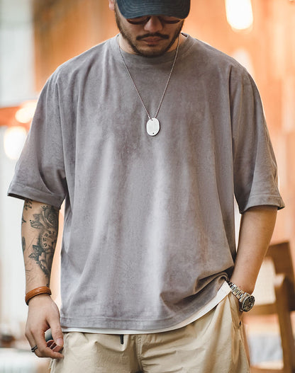 Tooling Retro Faux Suede Loose Soft Waxy Breathable Men's T-Shirt - Harmony Gallery