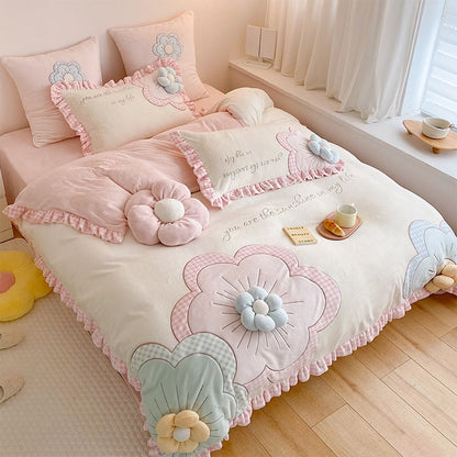 Princess Style Winter Velvet Five-Pieces Floral Bed Set - Harmony Gallery