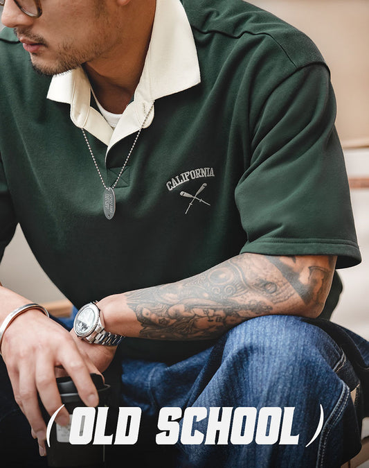 American Contrast Color Polo Loose Embroidery Men's T-Shirt - Harmony Gallery