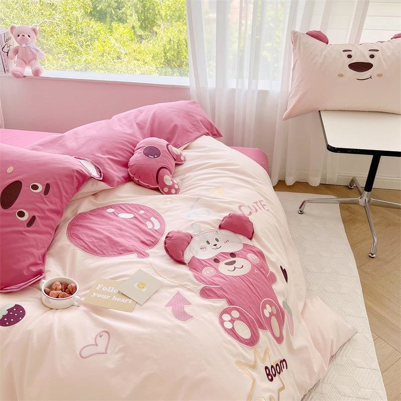 Cute Hot Air Balloon Strawberry Bear Cotton Four-Piece Bed Set - Harmony Gallery