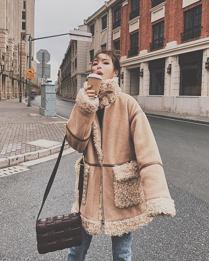 Furry Collar Loose Padded Winter Lamb Wool Women's Jacket - Harmony Gallery