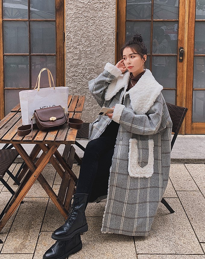 Plaid Mid-Length Loose Winter Woolen Women's Coat - Harmony Gallery
