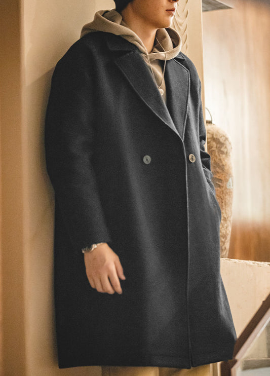 American Retro Heavy Woolen Black Loose Men's Coat - Harmony Gallery