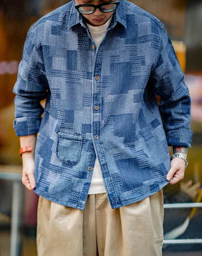 American Hundreds Of Cloth Denim Splicing Men's Shirt - Harmony Gallery