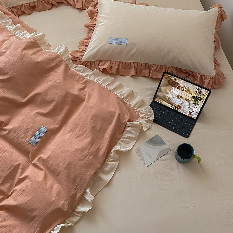 Cream Contrast Color Washed Cotton Four-Piece Bed Set - Harmony Gallery