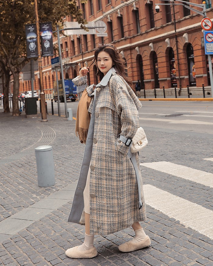 Woolen Over The Knee Loose Plaid Women's Coat - Harmony Gallery