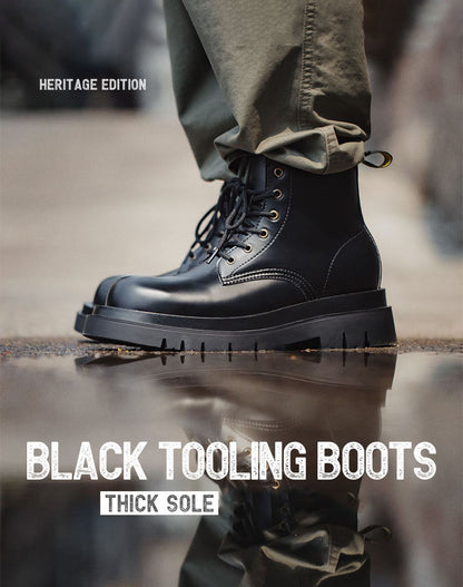 Black Thick-Soled Martin British Style Tooling Derby Men's Boot - Harmony Gallery