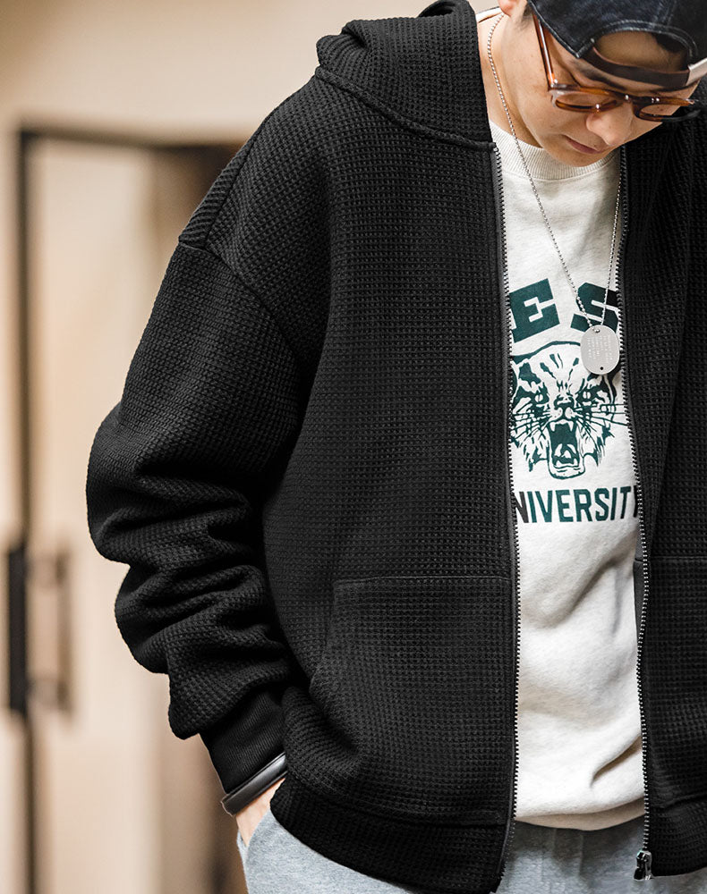 Tooling Retro Waffle Hooded Knit Sport Men's Cardigan - Harmony Gallery
