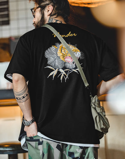 Tooling Retro Embroidery Tiger Head Cotton Men's T-Shirt - Harmony Gallery