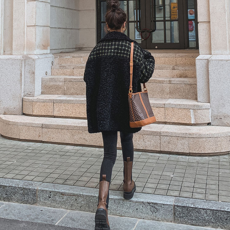 Plaid Lamb Wool Short-Length Fur Padded Women's Coat - Harmony Gallery