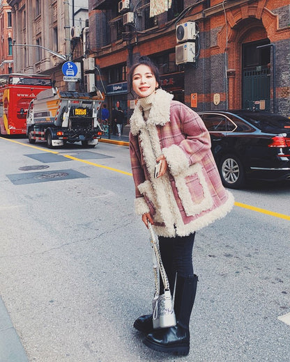 Pink Plaid Retro Lamb Wool Loose Loop Women's Coat - Harmony Gallery
