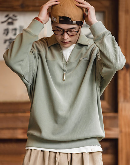 American Waffle V-Neck Polo Loose Pullover Men's Sweater - Harmony Gallery