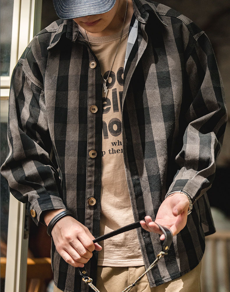 American Retro Profile Heavy Plaid Autumn Men's Shirt - Harmony Gallery
