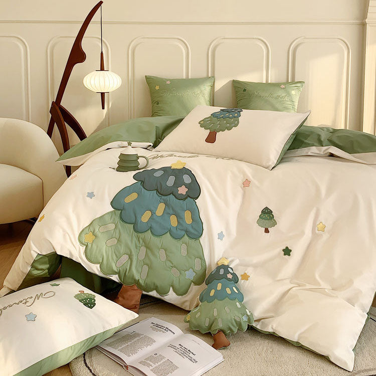 Tree & Stars Embroidery Seven-Piece Soft Cotton Bed Set - Harmony Gallery