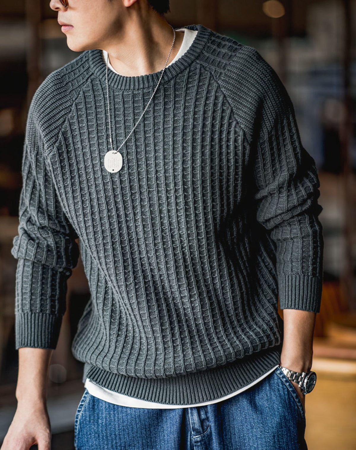 American Casual Waffle Round Neck Warm Pullover Men's Sweater - Harmony Gallery