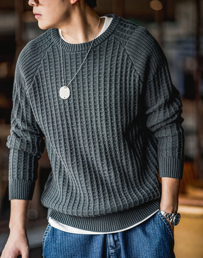American Casual Waffle Round Neck Warm Pullover Men's Sweater - Harmony Gallery