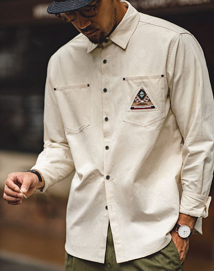 Retro Indian Totem Beige Long Sleeve Men's Shirt - Harmony Gallery