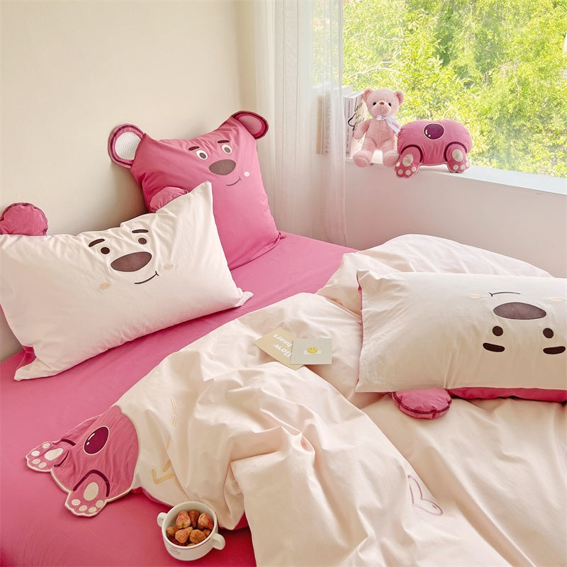Cute Hot Air Balloon Strawberry Bear Cotton Four-Piece Bed Set - Harmony Gallery