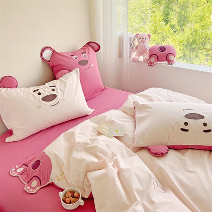 Cute Hot Air Balloon Strawberry Bear Cotton Four-Piece Bed Set - Harmony Gallery