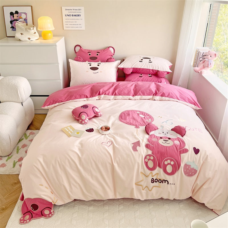 Cute Hot Air Balloon Strawberry Bear Cotton Four-Piece Bed Set - Harmony Gallery