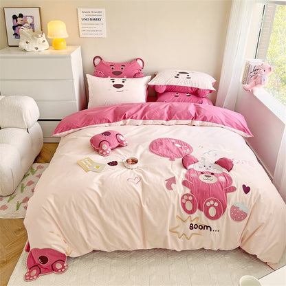 Cute Hot Air Balloon Strawberry Bear Cotton Four-Piece Bed Set - Harmony Gallery