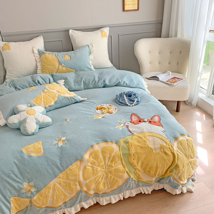 Lemon French Dog Cartoon Velvet Four-Piece Winter Bed Set - Harmony Gallery