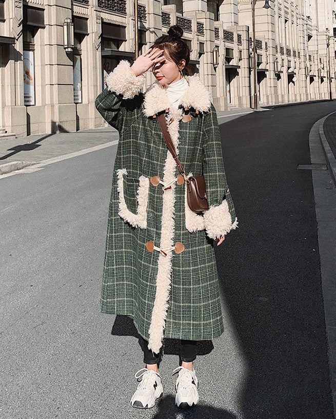 Plaid Loose Woolen Horn Button Winter Women's Coat - Harmony Gallery