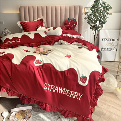 Cream Strawberry Pure Cotton Seven-Piece Ruffled Bed Set - Harmony Gallery