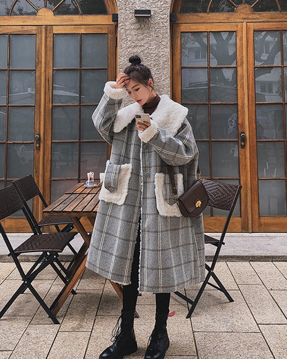 Plaid Mid-Length Loose Winter Woolen Women's Coat - Harmony Gallery
