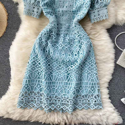 Summer Sense Hollow Puff Sleeves Slim Short Women's Dress - Harmony Gallery