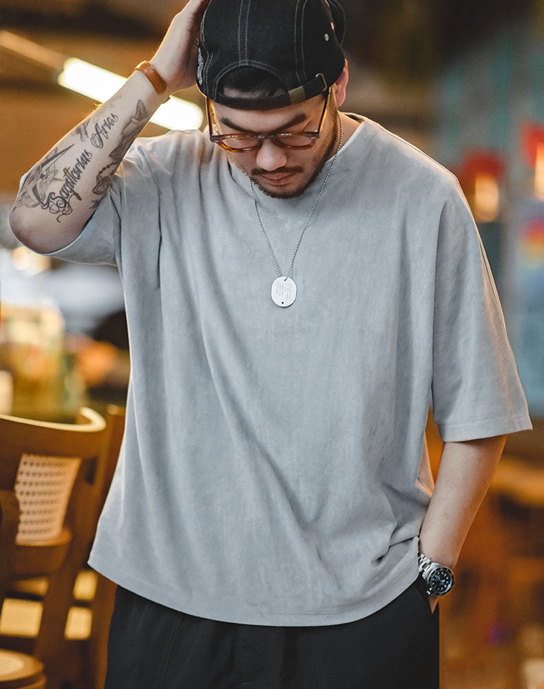 Tooling Retro Faux Suede Loose Soft Waxy Breathable Men's T-Shirt - Harmony Gallery