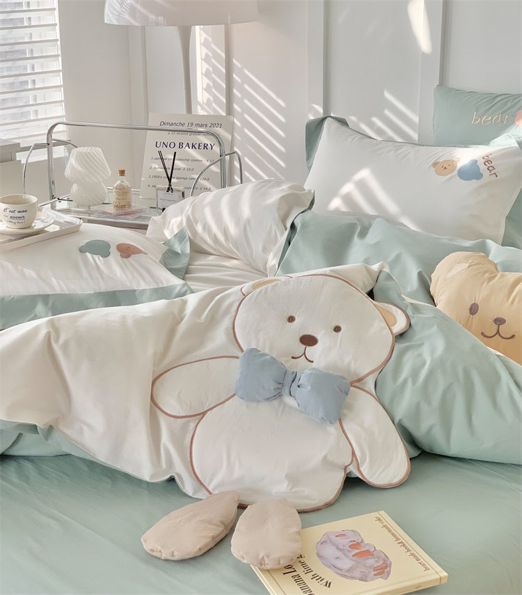 Cute Bow Bear Washed Cotton Five-Piece Cartoon Bed Set - Harmony Gallery
