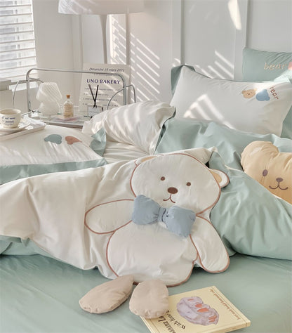 Cute Bow Bear Washed Cotton Five-Piece Cartoon Bed Set - Harmony Gallery