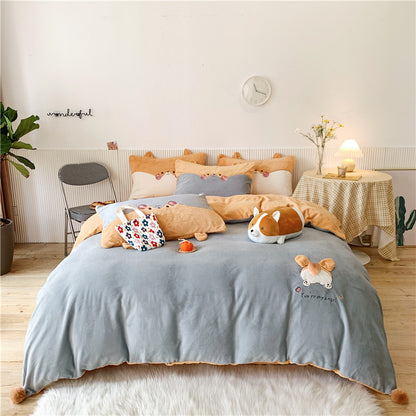 Cartoon Warm Big Butt Milk Velvet Five-Piece Bed Set - Harmony Gallery