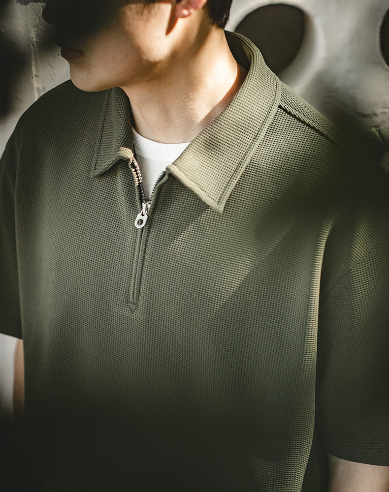 American Waffle Polo Half-Zipper Lapel Five-Quarter Men's T-Shirt - Harmony Gallery