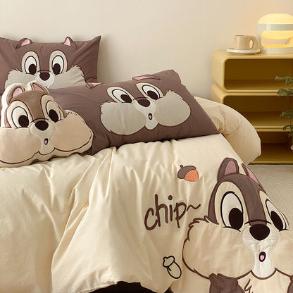 Little Girl Squirrel Cute Cartoon Washed Four-Piece Bed Set - Harmony Gallery