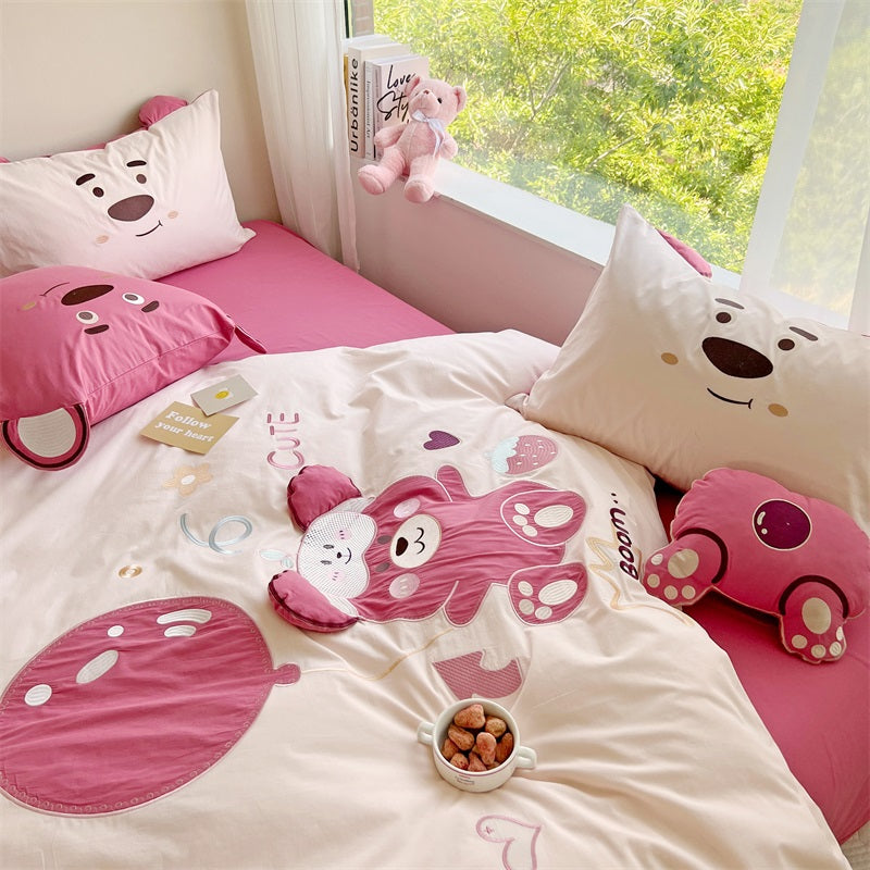 Cute Hot Air Balloon Strawberry Bear Cotton Four-Piece Bed Set - Harmony Gallery