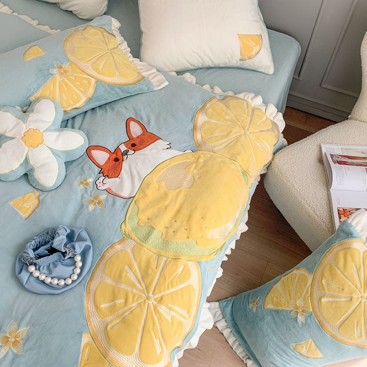 Lemon French Dog Cartoon Velvet Four-Piece Winter Bed Set - Harmony Gallery