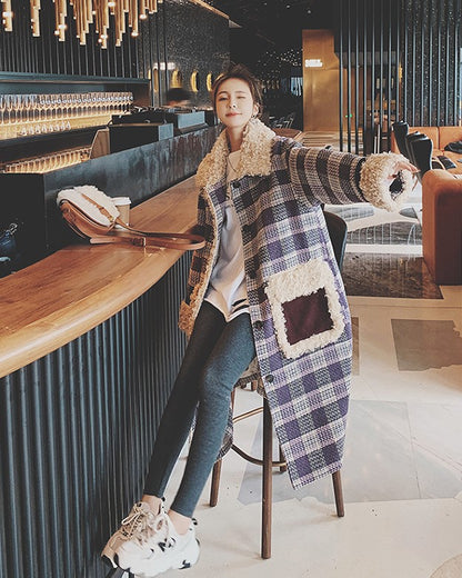 Plaid Lamb Wool Over The Knee Winter Loose Women's Coat - Harmony Gallery