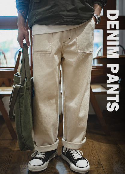 Retro Cotton Rice White Casual Wear-Resistant Men's Jeans - Harmony Gallery