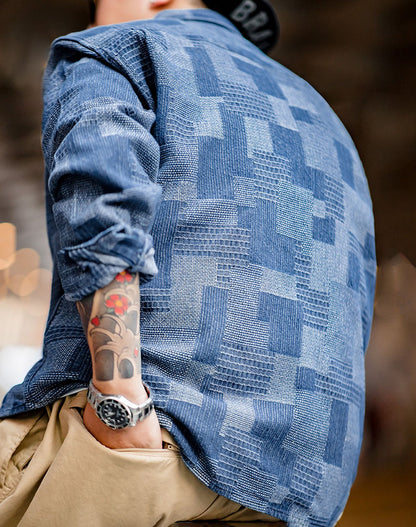 American Hundreds Of Cloth Denim Splicing Men's Shirt - Harmony Gallery