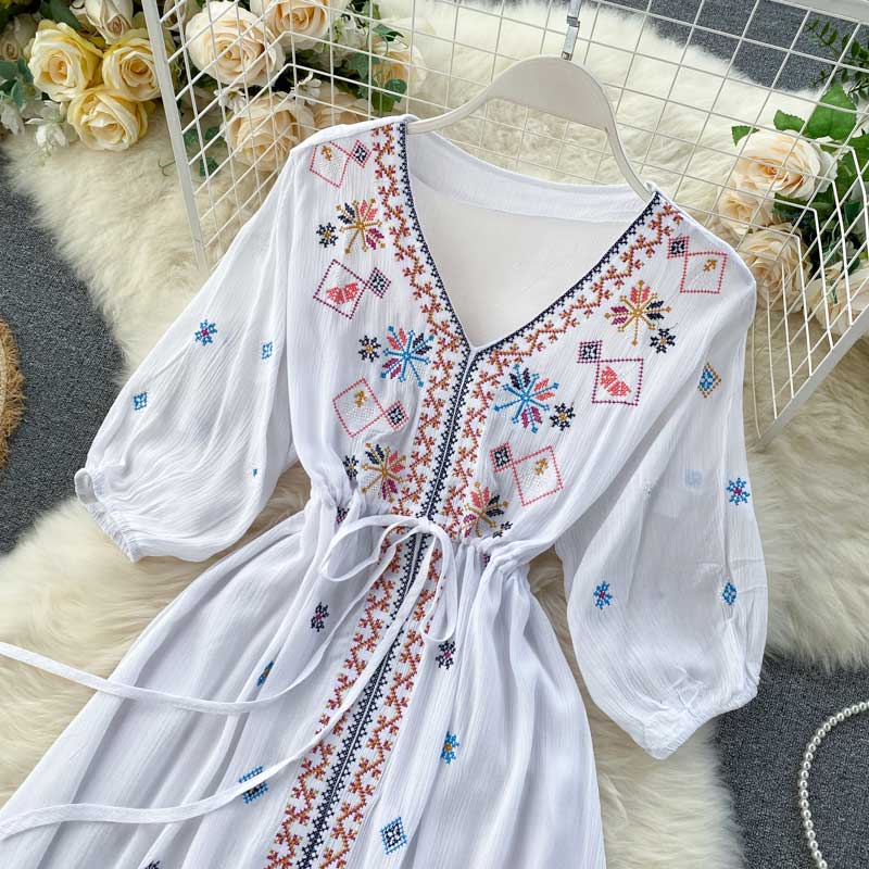 Bohemian Retro Folk Style Embroidery Women's Dress - Harmony Gallery
