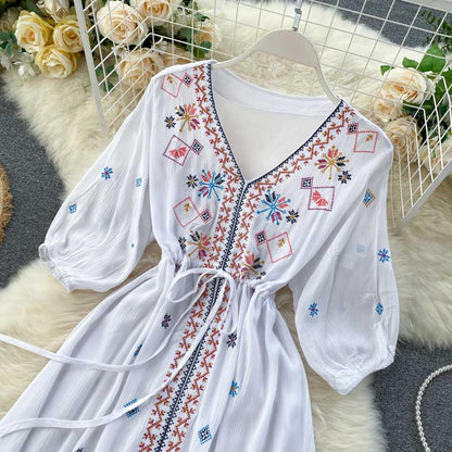 Bohemian Retro Folk Style Embroidery Women's Dress - Harmony Gallery